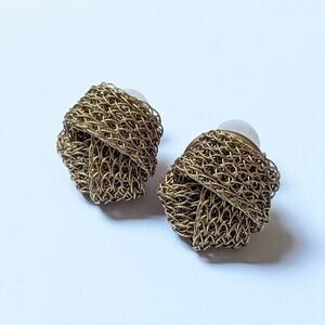 Vintage Antiqued Gold Tone Mesh Chain  Love Knot Stud Pierced Earrings